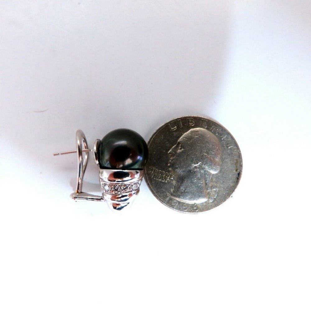 11mm natural tahitian pearl & .50ct diamonds raised cap earrings 14kt* - Picture 7 of 9